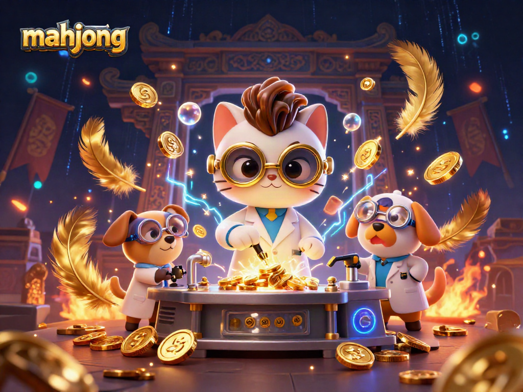 Engage in exciting mahjong gaming action as a mad scientist cat creates jackpots in a vibrant casino.