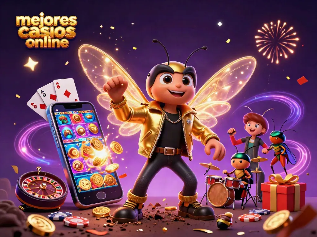 Ilustra los mejores casinos online con una vibrante celebración de luces y jugadores, destacando diversidad de juegos y emoción.
