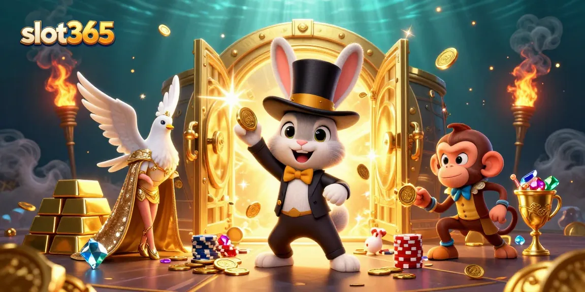 Experience slot365 with a magical scene featuring cartoon characters, golden treasures, and vibrant casino elements.