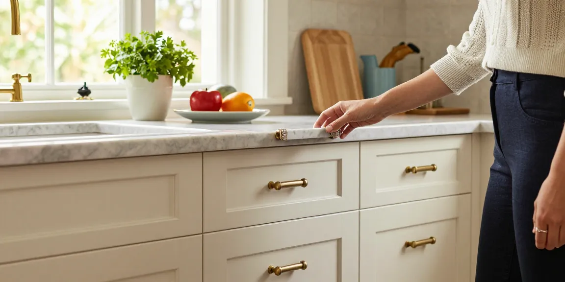 Stylish woman admiring luxurious handles in a modern kitchen setting, showcasing premium craftsmanship and design.