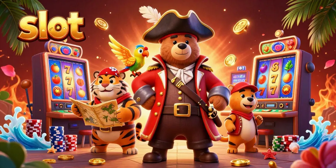 Spin vibrant slot machines with a 3D pirate captain bear, dynamic characters, and casino elements