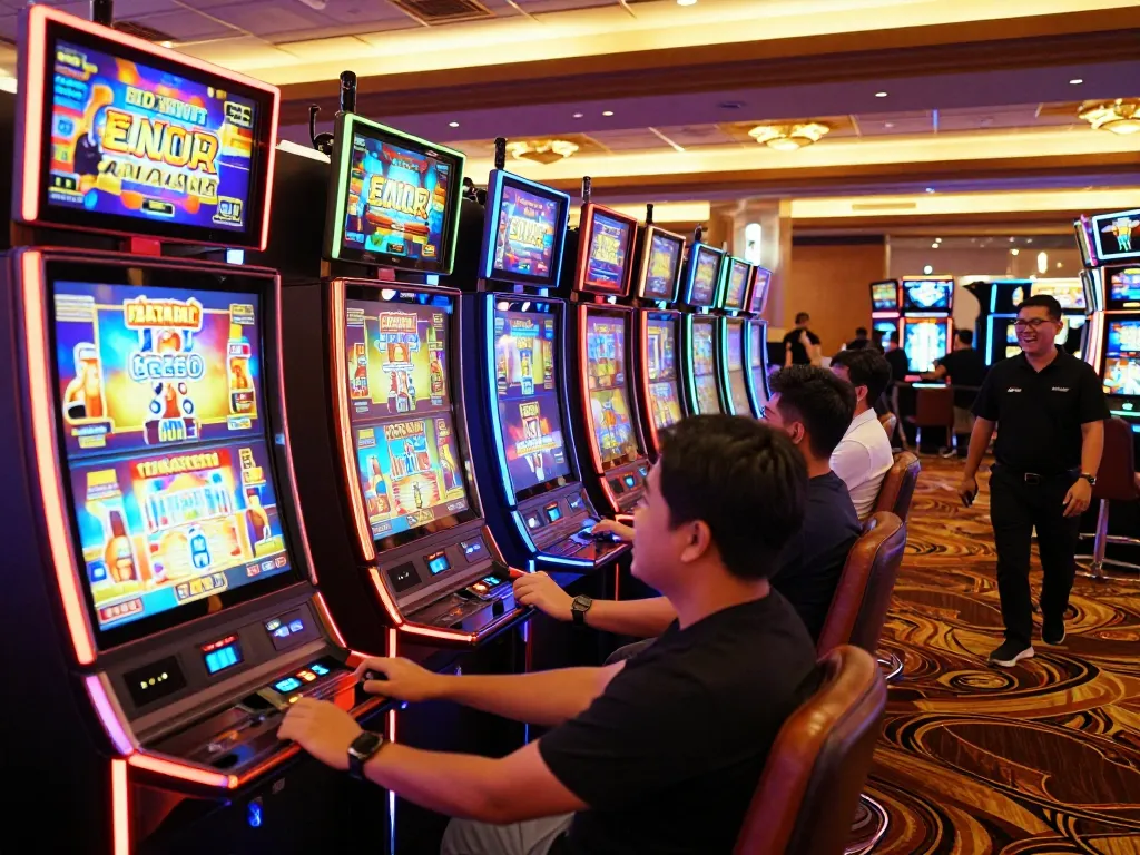 Playing slot gacor at vibrant casino with colorful machines and excited players.