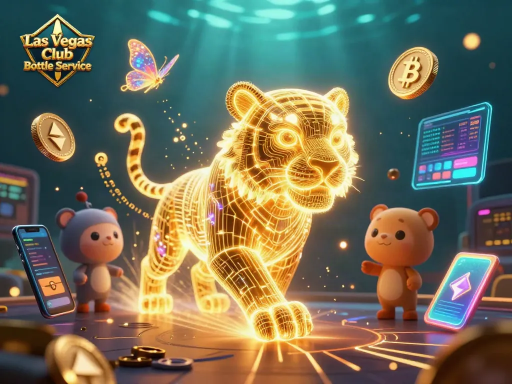Experience Las Vegas Club Bottle Service with vibrant neon tigers amidst crypto elements in a digital casino scene.