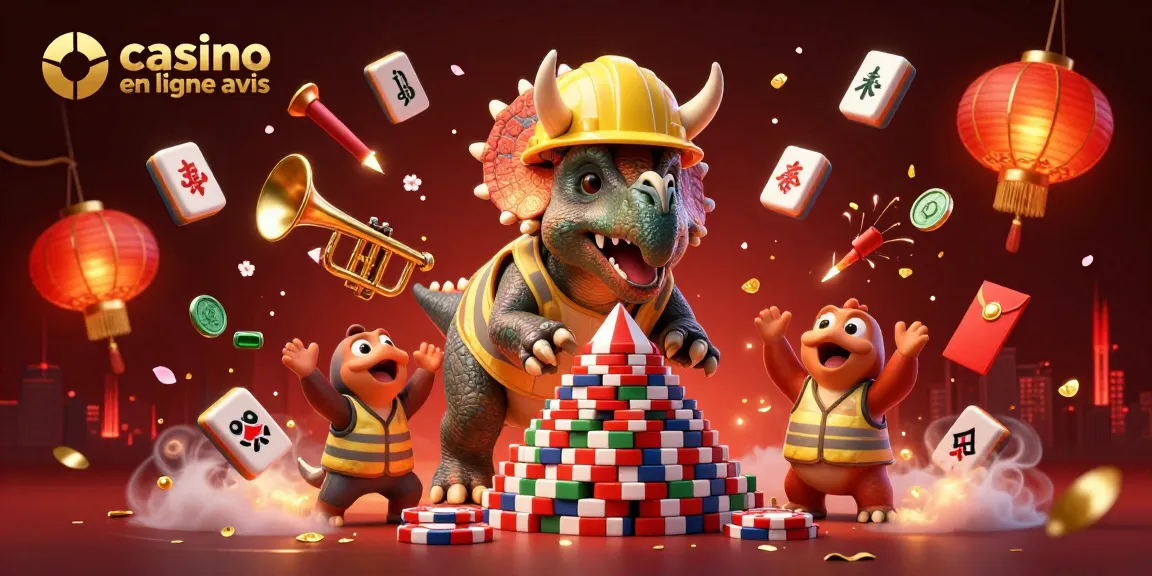 Évaluez le casino en ligne avis avec une scène festive et dynamique de dinosaures jouant aux jeux de hasard.