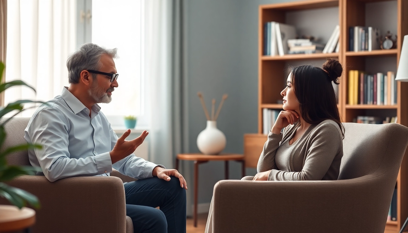 Therapist and patient discussing depression symptoms in a cozy office setting.
