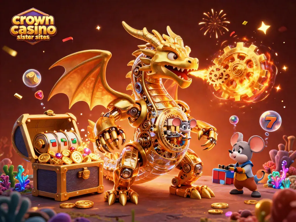 Crown coins casino sister sites feature a vibrant 3D scene with a golden dragon and casino elements.