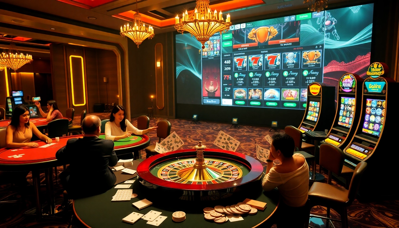 Engaging scene of Nhà Cái UU88 with players enjoying poker, roulette, and slot machines.