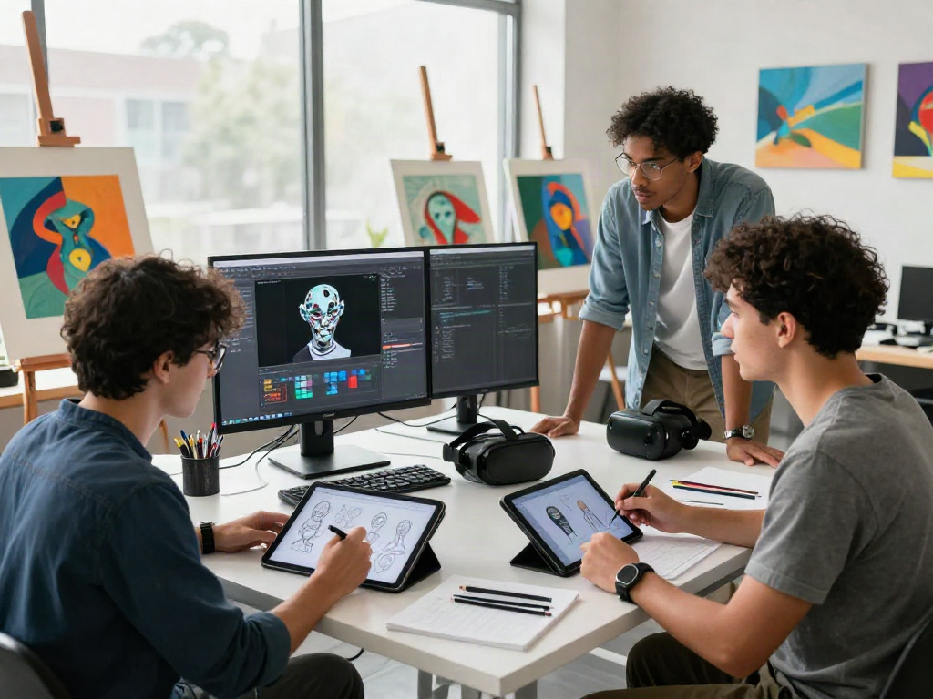 NSFW AI creative studio showcasing artists developing innovative content with tablets and monitors
