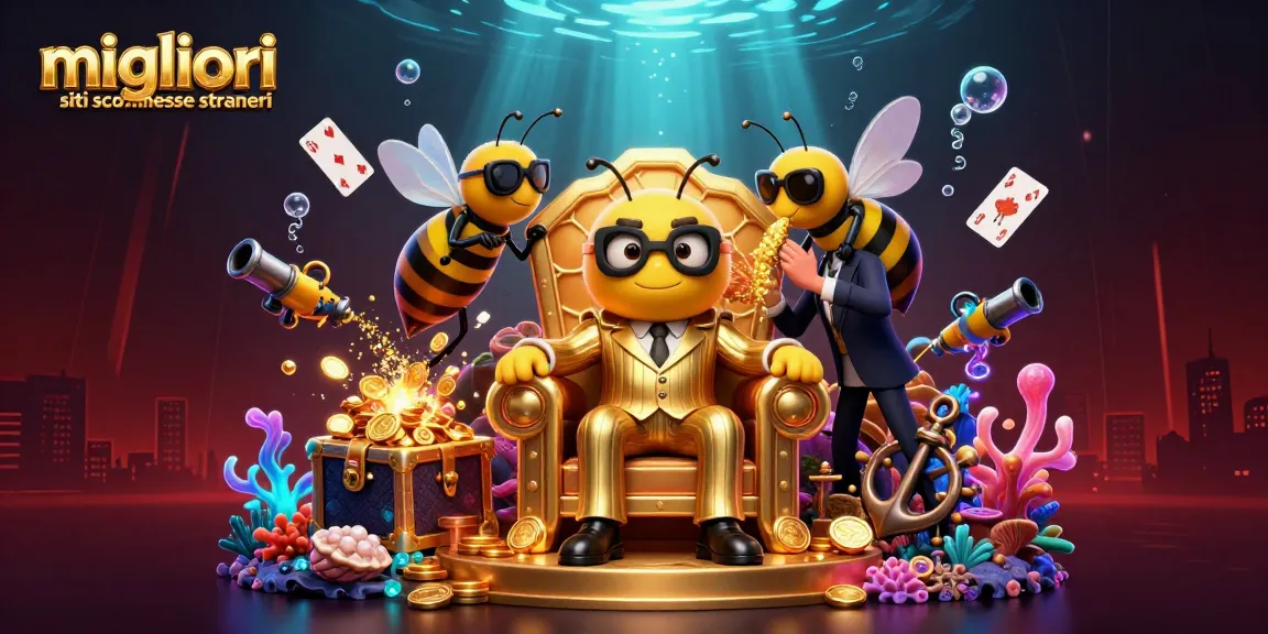 Migliori siti scommesse stranieri: l'illustrazione 3D mostra un boss ape con guardie, casinò e tesoro.