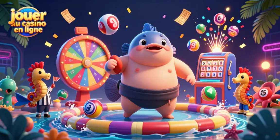 jouer au casino en ligne avec une illustration dynamique de fugu, roue de prix et ballons colorés