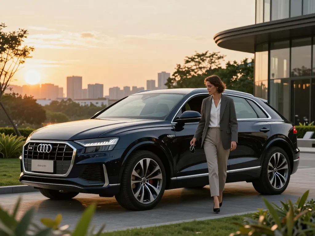 Trải nghiệm cho thuê xe ô tô hạng sang với Audi Q8, cho thuê xe ô tô hạng sang trong không gian sang trọng và ánh sáng hoàng hôn.