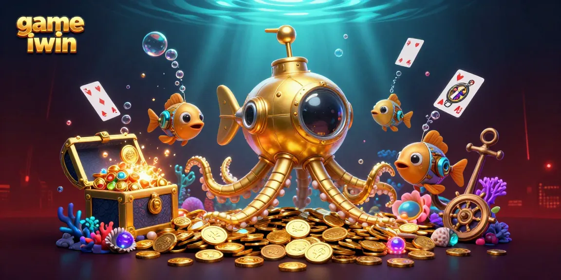 Play game iwin with a vibrant kraken submarine and mechanical fish amidst treasures in an exciting casino illustration.