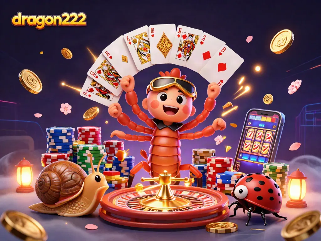Engage with dragon222's thrilling games featuring a vibrant casino scene with energetic characters and flying treasures.