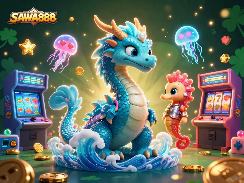 Engage with SAWA888's vibrant casino scene featuring a water dragon and neon jellyfish.