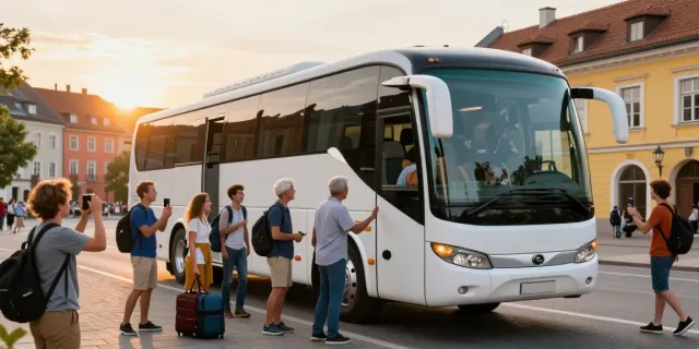 Transport Moldova Olanda - pasageri încărcând bagaje în autocar modern în oraș european.
