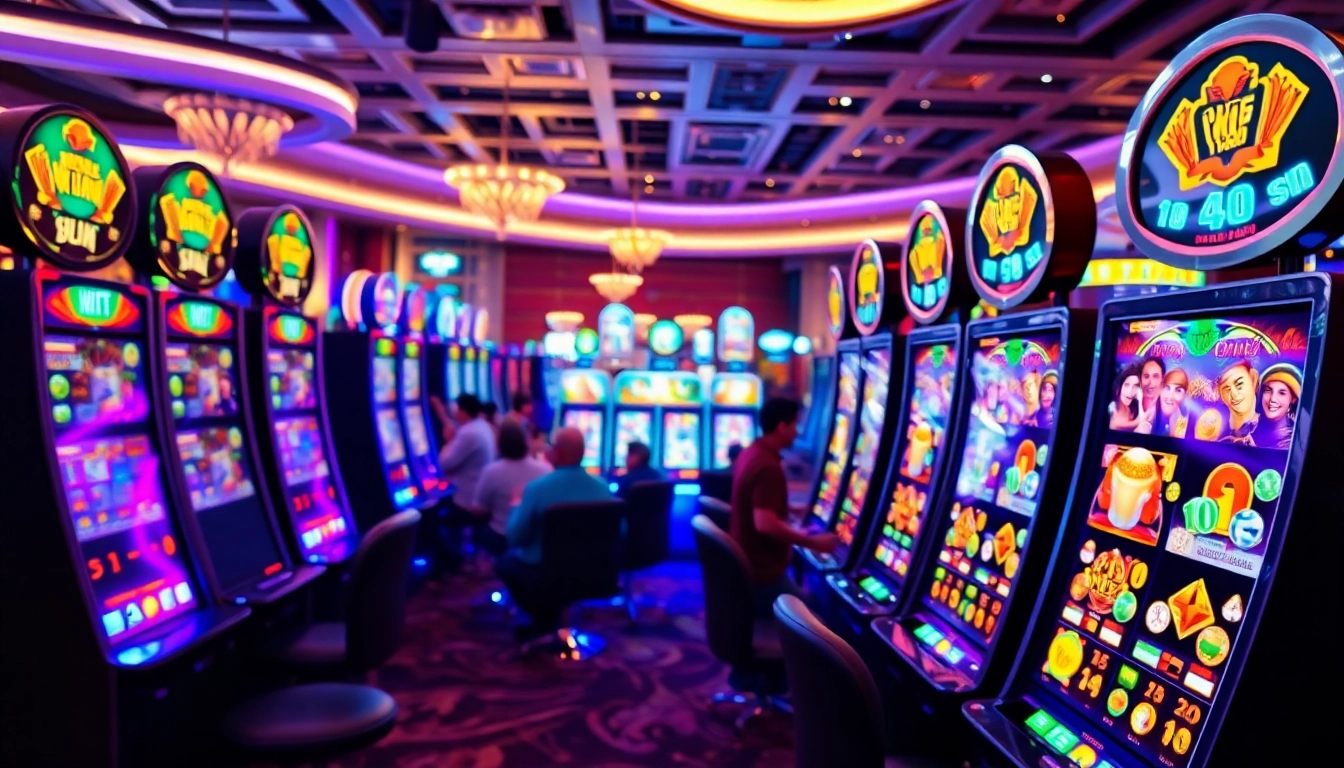 Menggambarkan suasana situs slot777 yang penuh warna dengan mesin slot yang bersinar.
