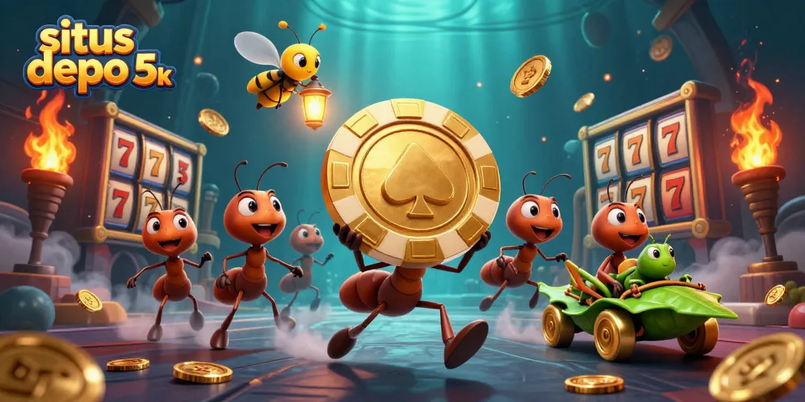 Engage with situs depo 5k as ants run a heist for large poker chips in a vibrant casino illustration.