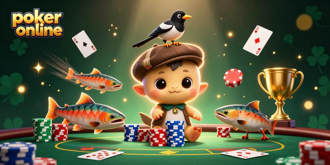 Jouez au poker en ligne avec cette scène amusante incluant des personnages ludiques et des éléments de jeu.