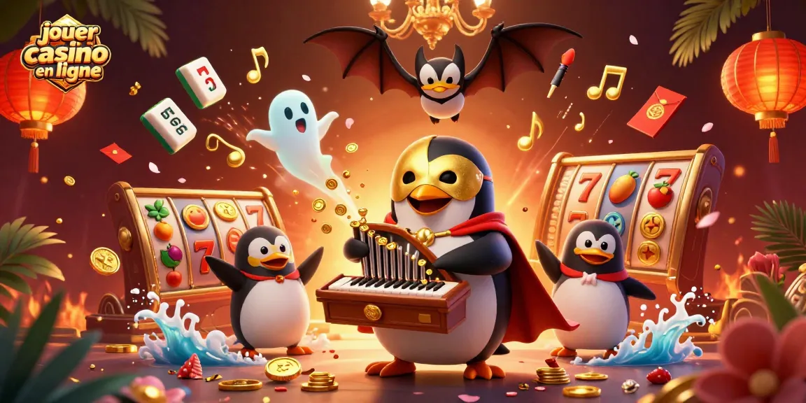 Jouer au casino en ligne avec un pingouin fantôme et des éléments de jackpot dans une scène dynamique.