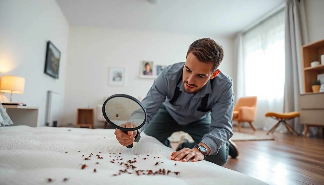 Inspecting for affordable bed bug control solutions in a living room setting.