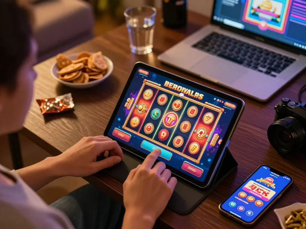 Engaging in situs slot bet 200 gameplay on tablet in cozy living room setting, vibrant and colorful atmosphere.