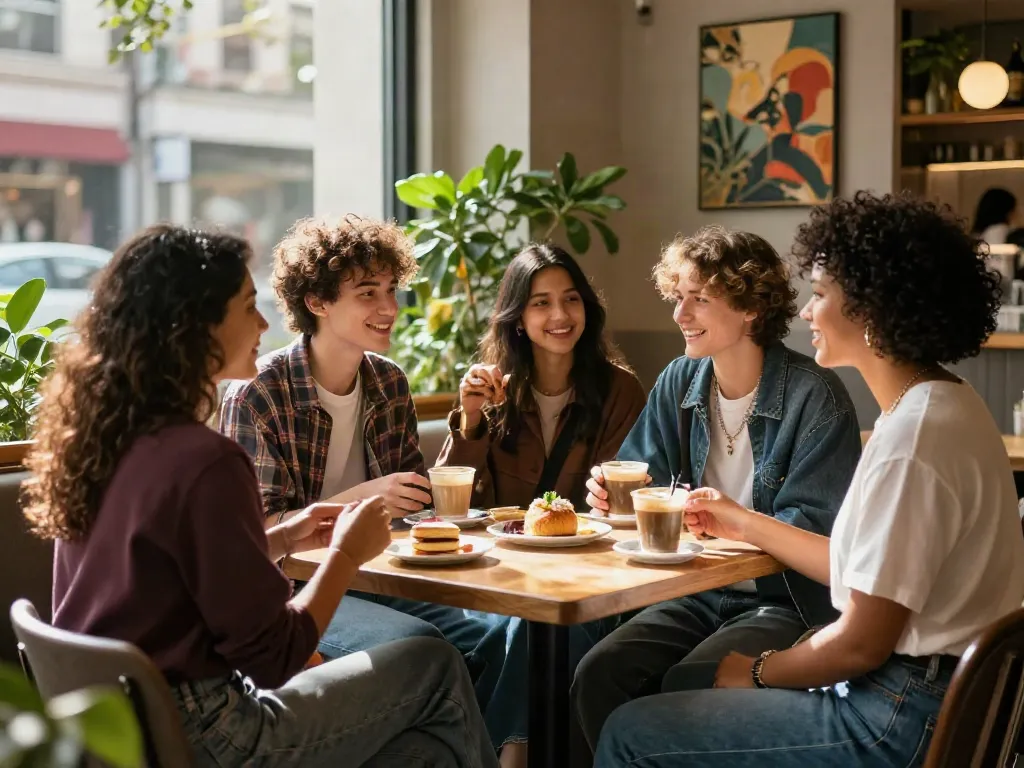 Friends enjoying coffee at a trendy café, showcasing stylish outfits and a warm atmosphere, highlighting rokok88 lifestyle.