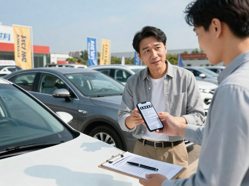Discount Carfax report aiding a confident car buyer in making informed decisions at a used car lot.