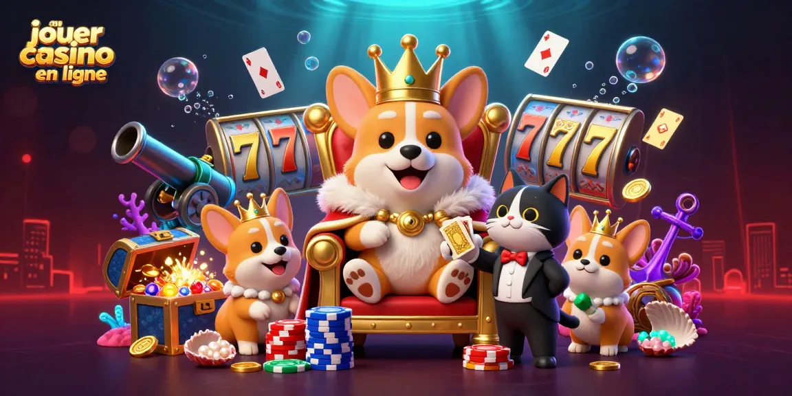 Découvrez les personnages de "jouer au casino en ligne" avec un corgi royal entouré de joyaux et de cartes.