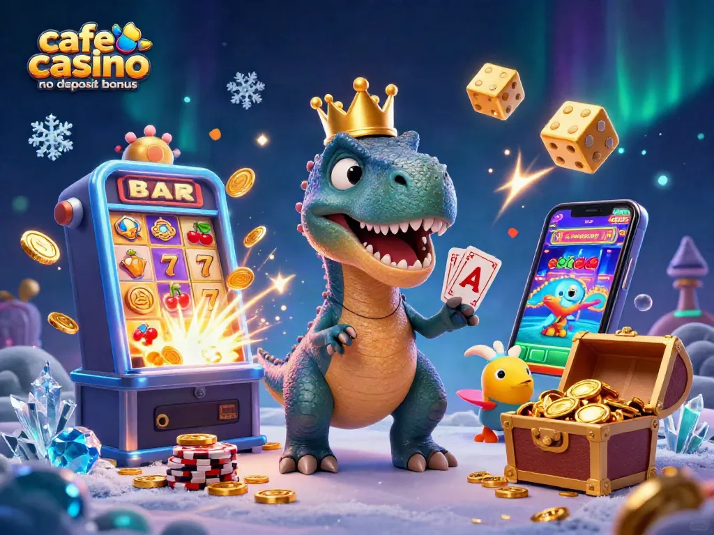 Engaging depiction of a fun café casino no deposit bonus setting with cartoon dinosaurs and vibrant prizes.