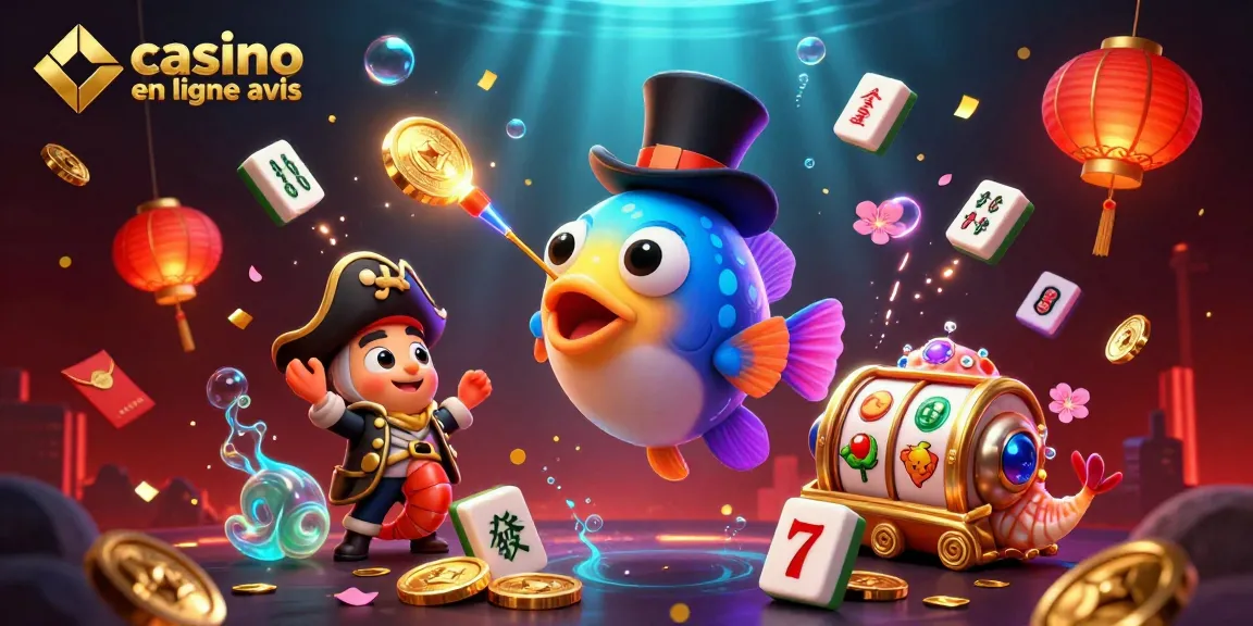 Des avis sur les casinos en ligne illustrés par des personnages marins colorés attirant des pièces d'or.