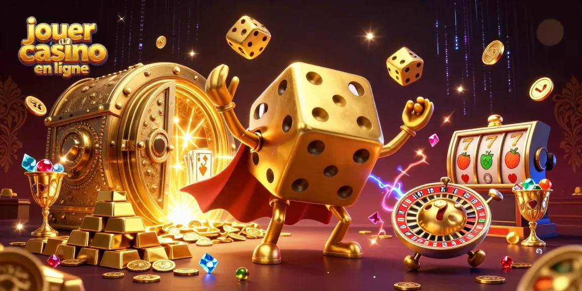 Jouez au casino en ligne avec des dés en or et des trésors étincelants dans une illustration dynamique.