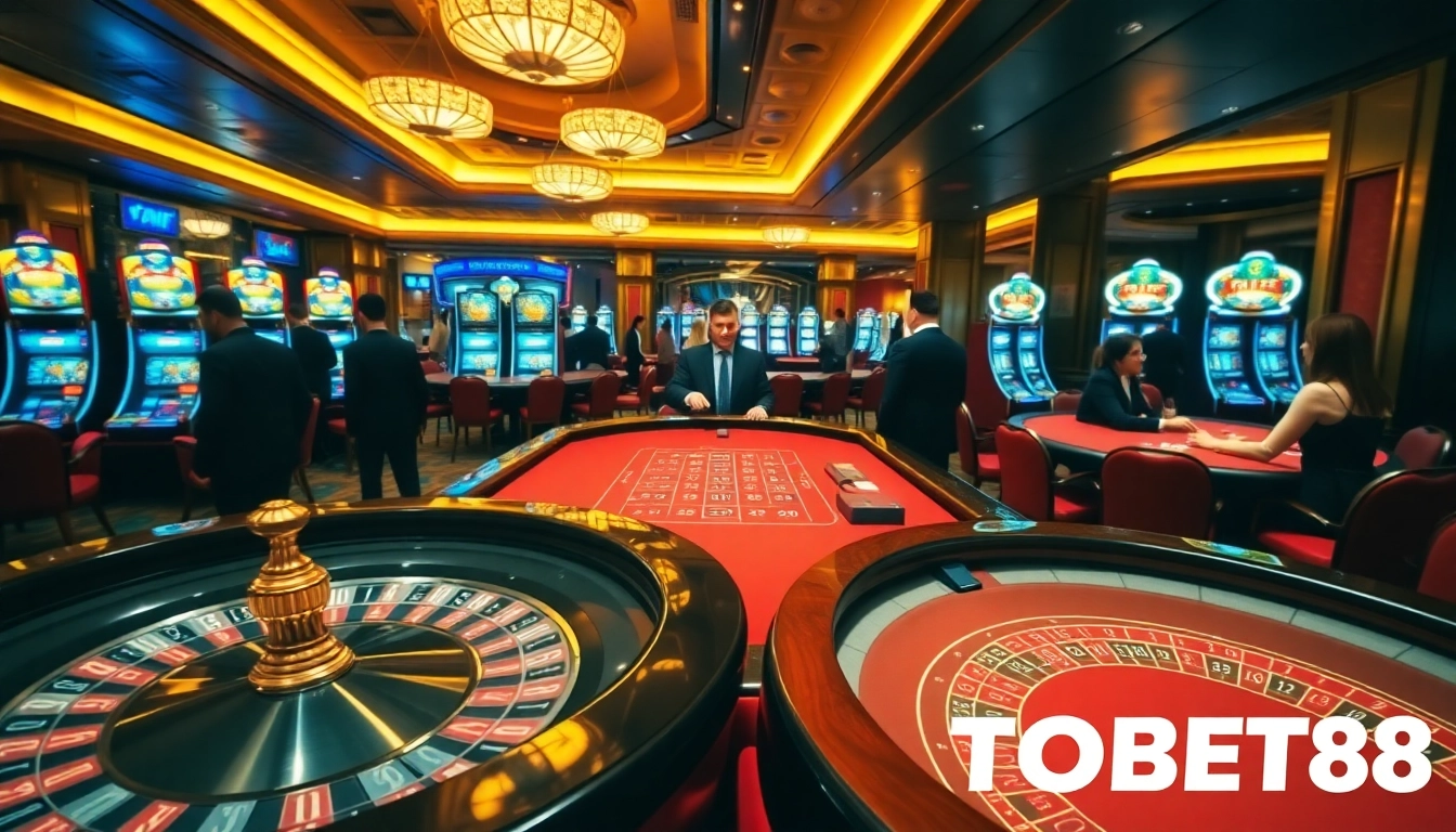 Tobet88 players enjoying poker and roulette in a luxurious casino environment.