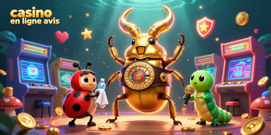 Visualisez un "casino en ligne avis" où un scarabée géant se bat avec des éléments de jeu et de lumière.