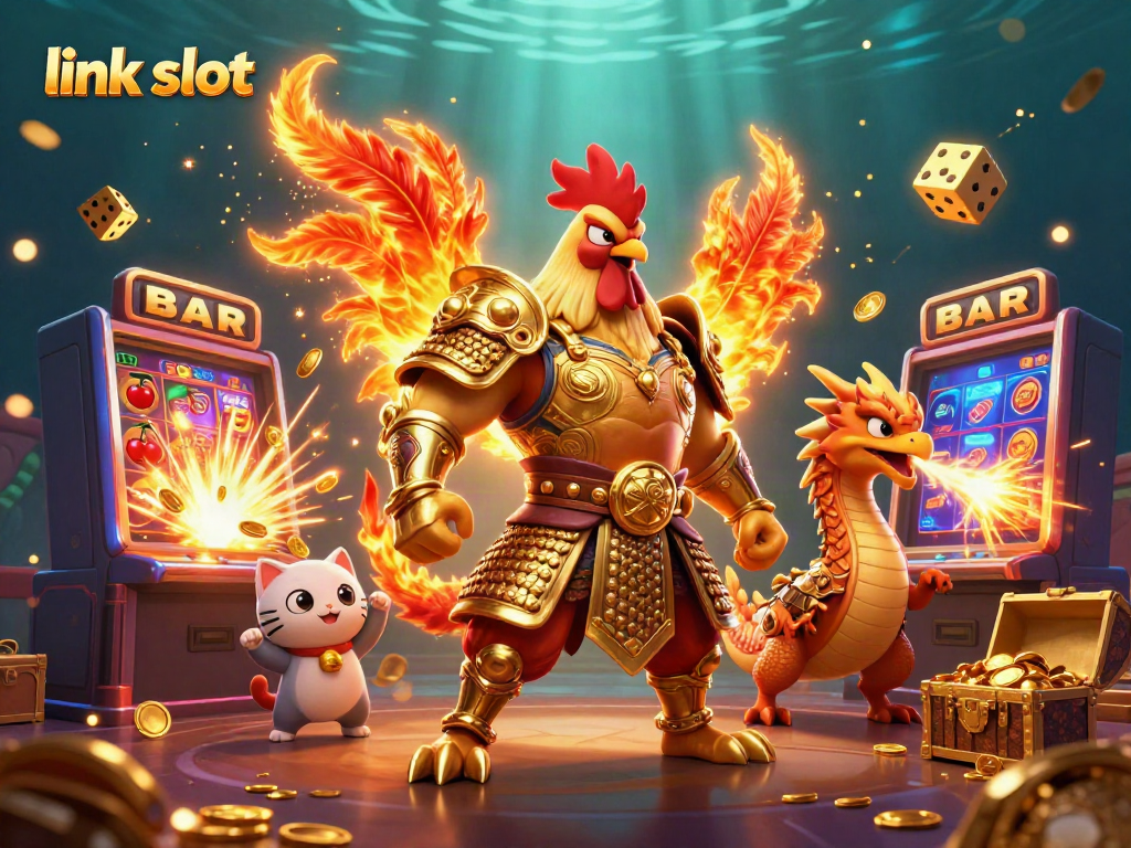 Mainkan link slot dengan menang besar pada ilustrasi grafis kasino yang ceria dan penuh aksi.