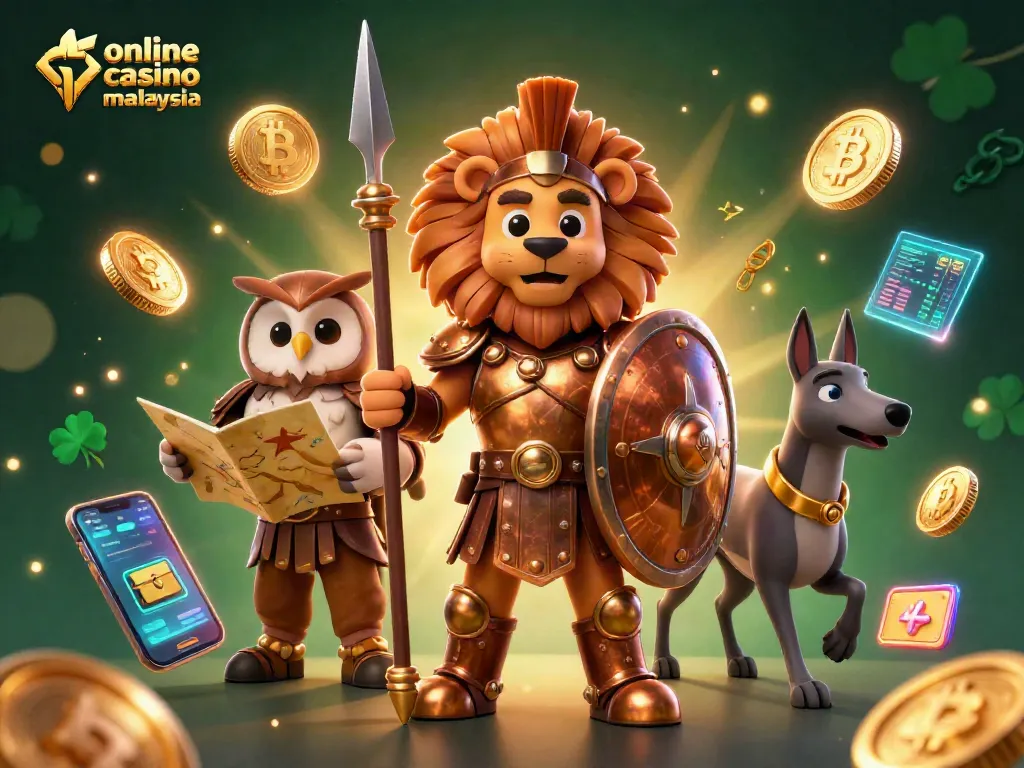 Experience the excitement of online casino Malaysia with a dynamic 3D scene featuring gaming characters and crypto elements.