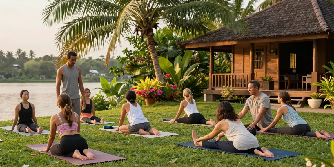 Hatha yoga teacher training Sri Lanka with students in tranquil lakeside setting, practicing yoga under guidance of experienced instructors