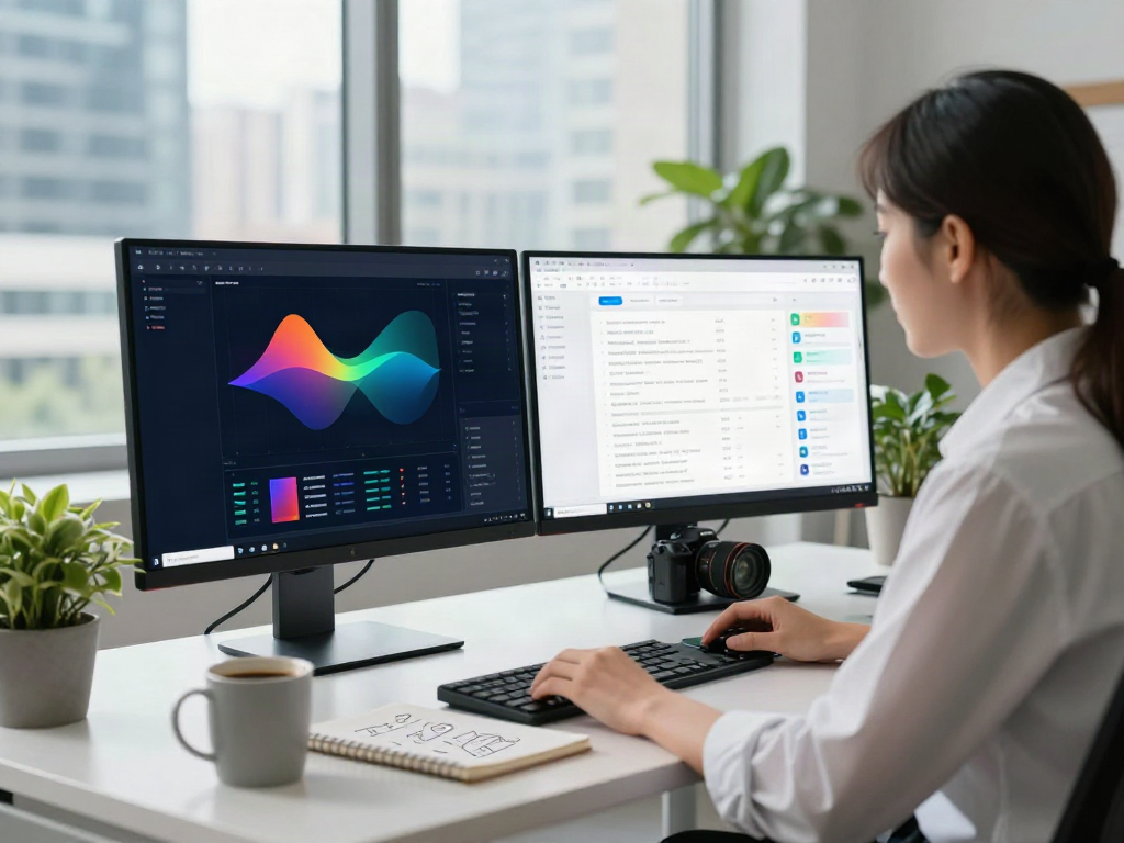 Data scientist using a dataset search tool in a modern workspace with dual monitors and city view.
