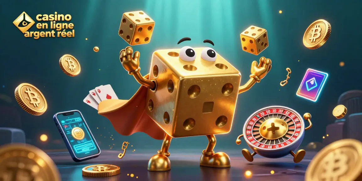 Jouez sur un casino en ligne argent réel avec des personnages de dés dorés, entourés de jeux de casino et de cryptomonnaies.