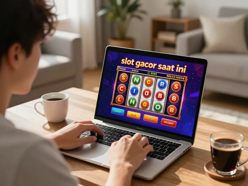 Engaging with 'slot gacor saat ini' online, player enjoying smooth gameplay in a cozy home setting.