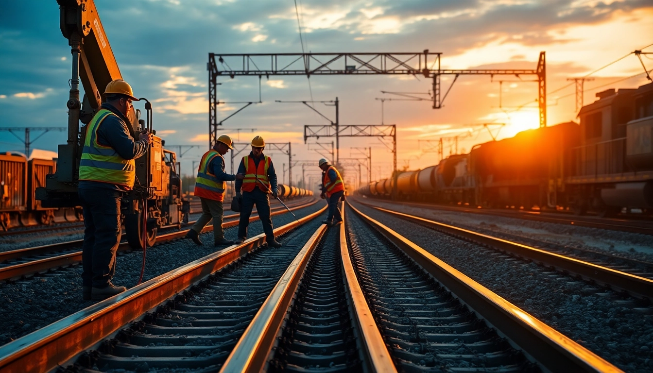 Emergency Railroad Repair Services team performing urgent track repairs at sunset.