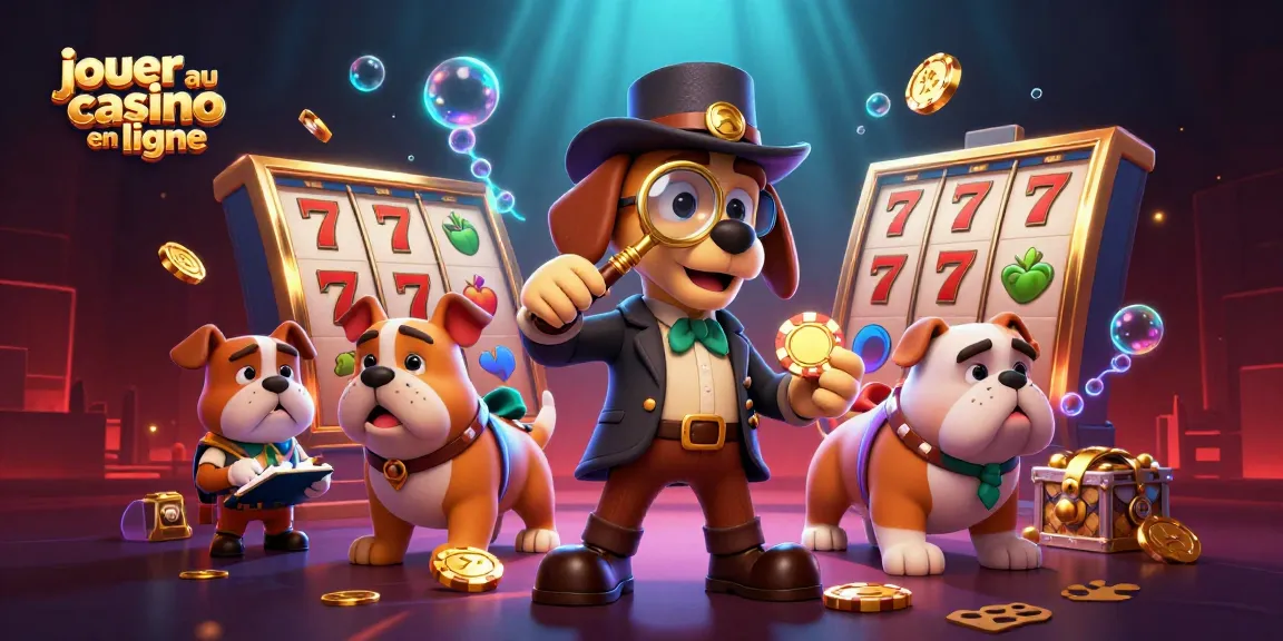 Jouer au casino en ligne avec une illustration dynamique de détective canin cherchant des indices de jeu.