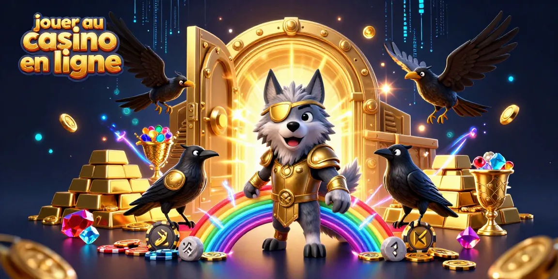 Jouer au casino en ligne avec le loup Odin et ses corbeaux au milieu d'une scène riche en trésors et symboles.