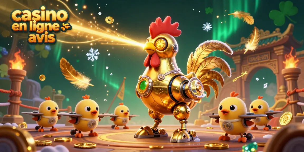 Cette illustration vibrante représentant les avis sur les casinos en ligne avec un robot en forme de coq qui tire des rayons laser au milieu d'une scène animée.