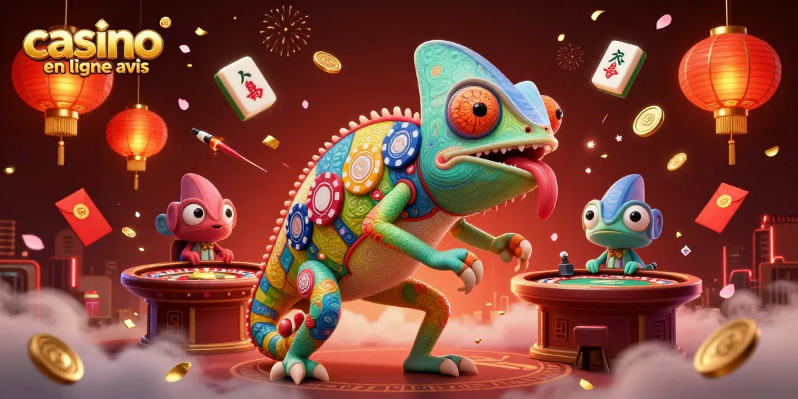 Le visuel dynamique de casino en ligne avis où un caméléon géant attrape des pièces d'or et observe le jeu.