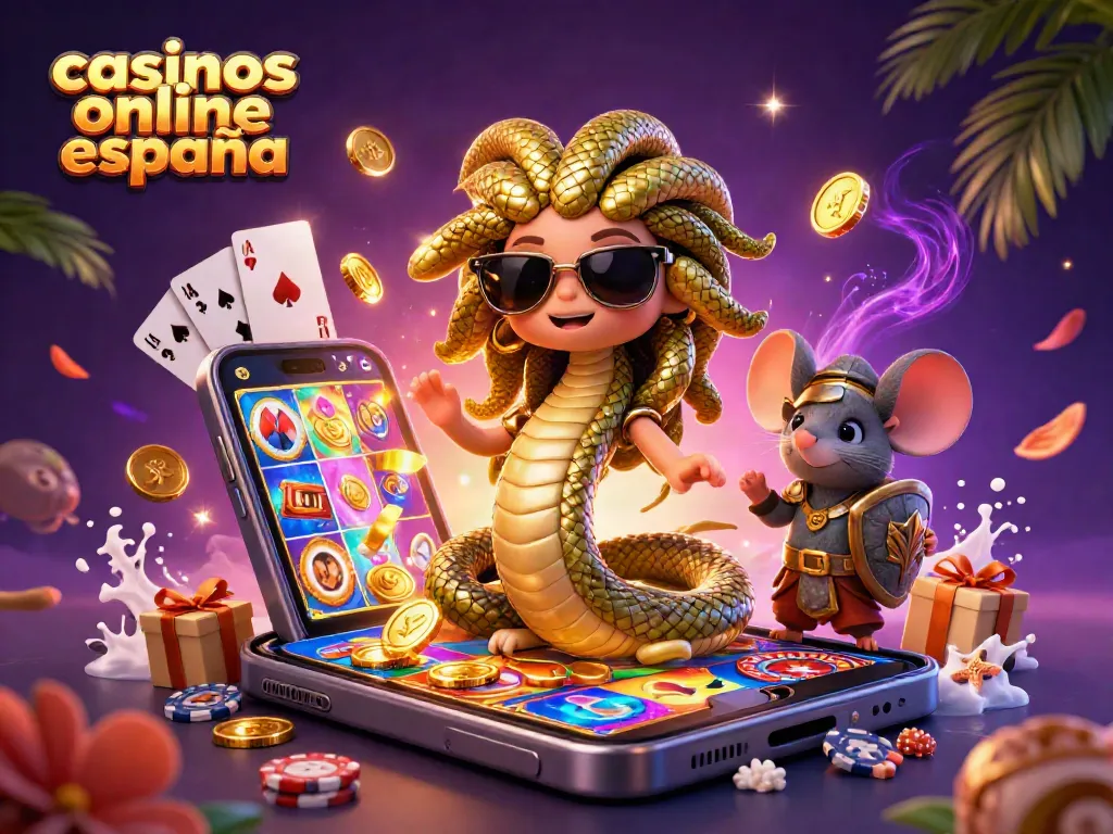 Disfruta jugando en casinos online en España con Medusa y un guerrero en una escena vibrante.