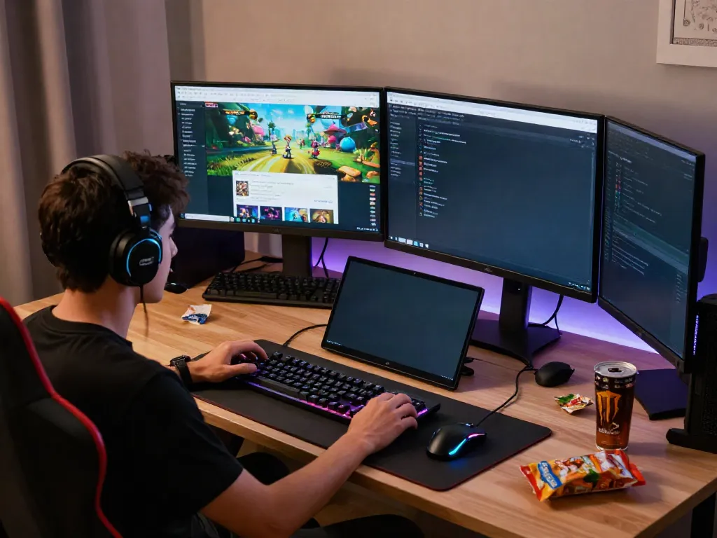Engaged gamer exploring G15Tools with a vibrant gaming setup, showcasing technology and gaming peripherals.