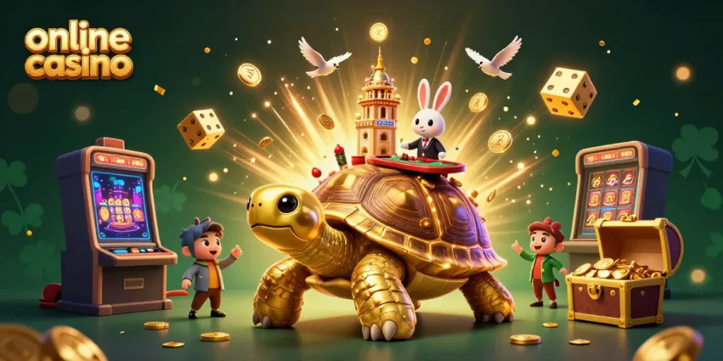 Engage in the vibrant online casino scene featuring a giant tortoise, a rabbit dealer, and swirling coins.
