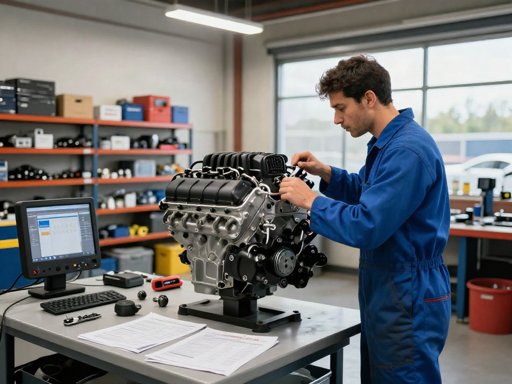 Hellcat motor for sale inspection in a modern automotive workshop.