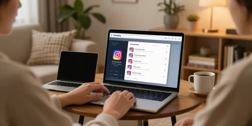 Engaging with the Insanony app for anonymous Instagram story viewing in a cozy digital workspace.