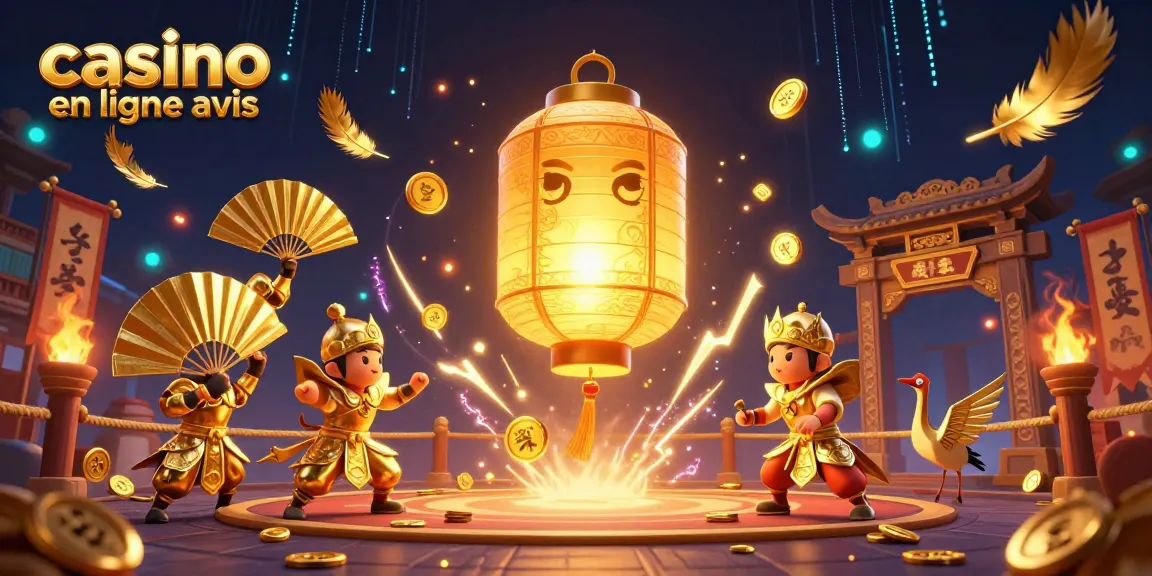 Évaluez les casinos en ligne avis avec une scène dynamique incluant un esprit lantern, des guerriers et la chance.